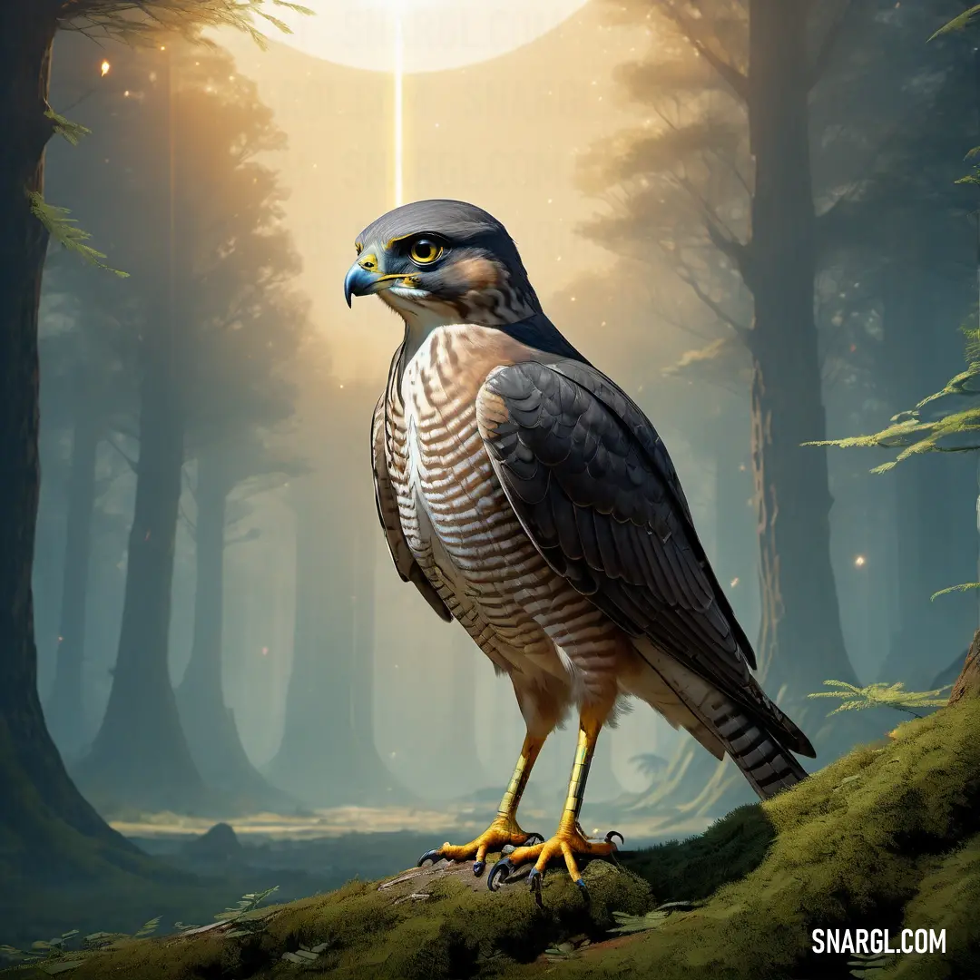 A sparrowhawk of prey stands proudly on a moss-covered branch in a forest, with a bright, ethereal light streaming from the background. The bird is perfectly poised, showcasing its powerful stance in a moment of stillness and clarity.
