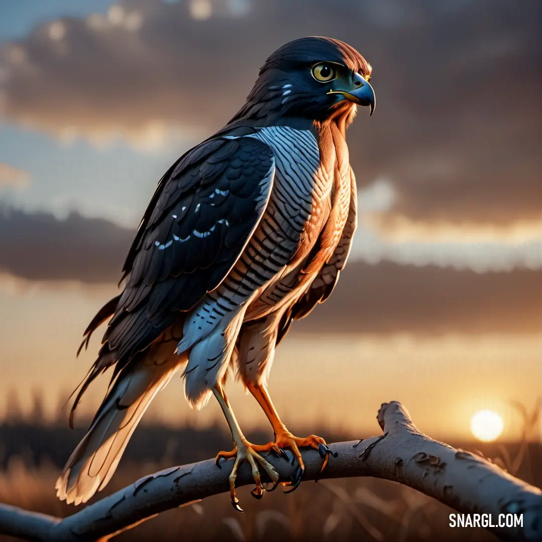 A sparrowhawk perches on a branch in front of a vivid sunset sky, with colorful clouds stretching across the horizon. The bird stands tall, silhouetted against the rich tones of the sunset, making for a dramatic and awe-inspiring scene.