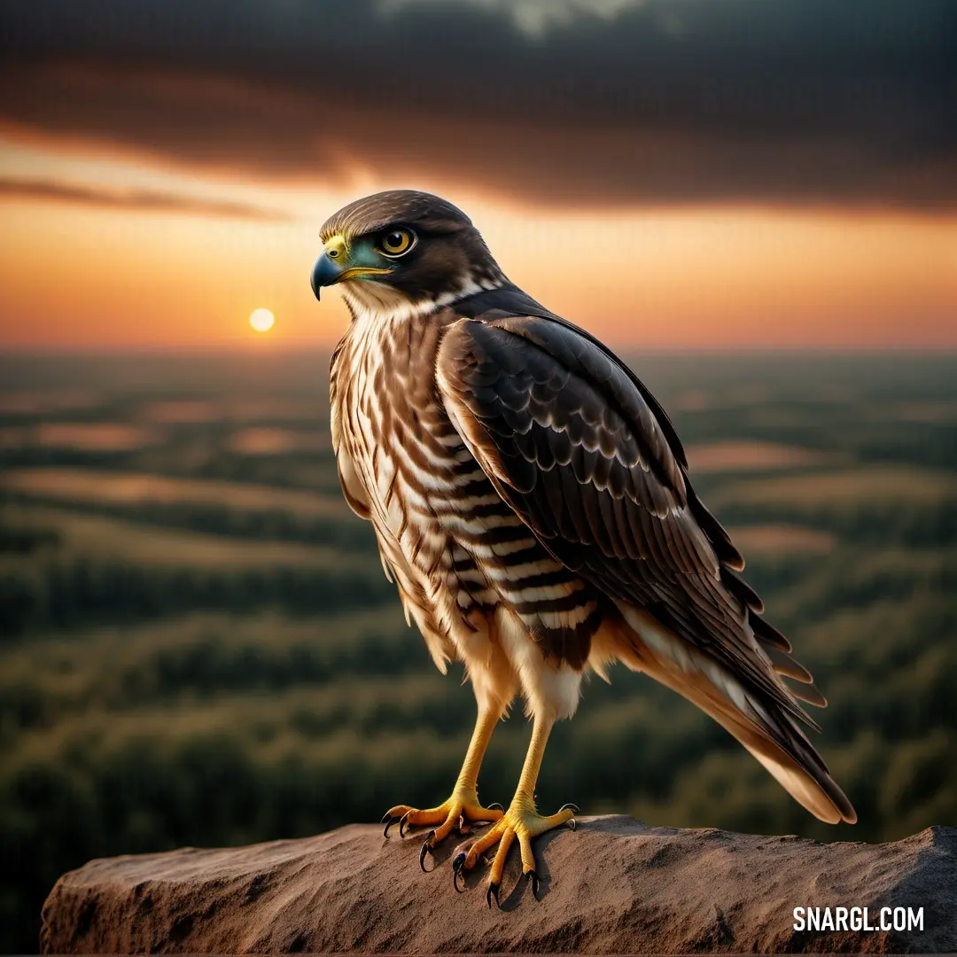 A majestic sparrowhawk perches gracefully atop a large rock, bathed in the warm glow of a sunset. The sky behind is painted with hues of orange and pink, while dramatic clouds add depth to the scene, creating a serene yet powerful atmosphere.