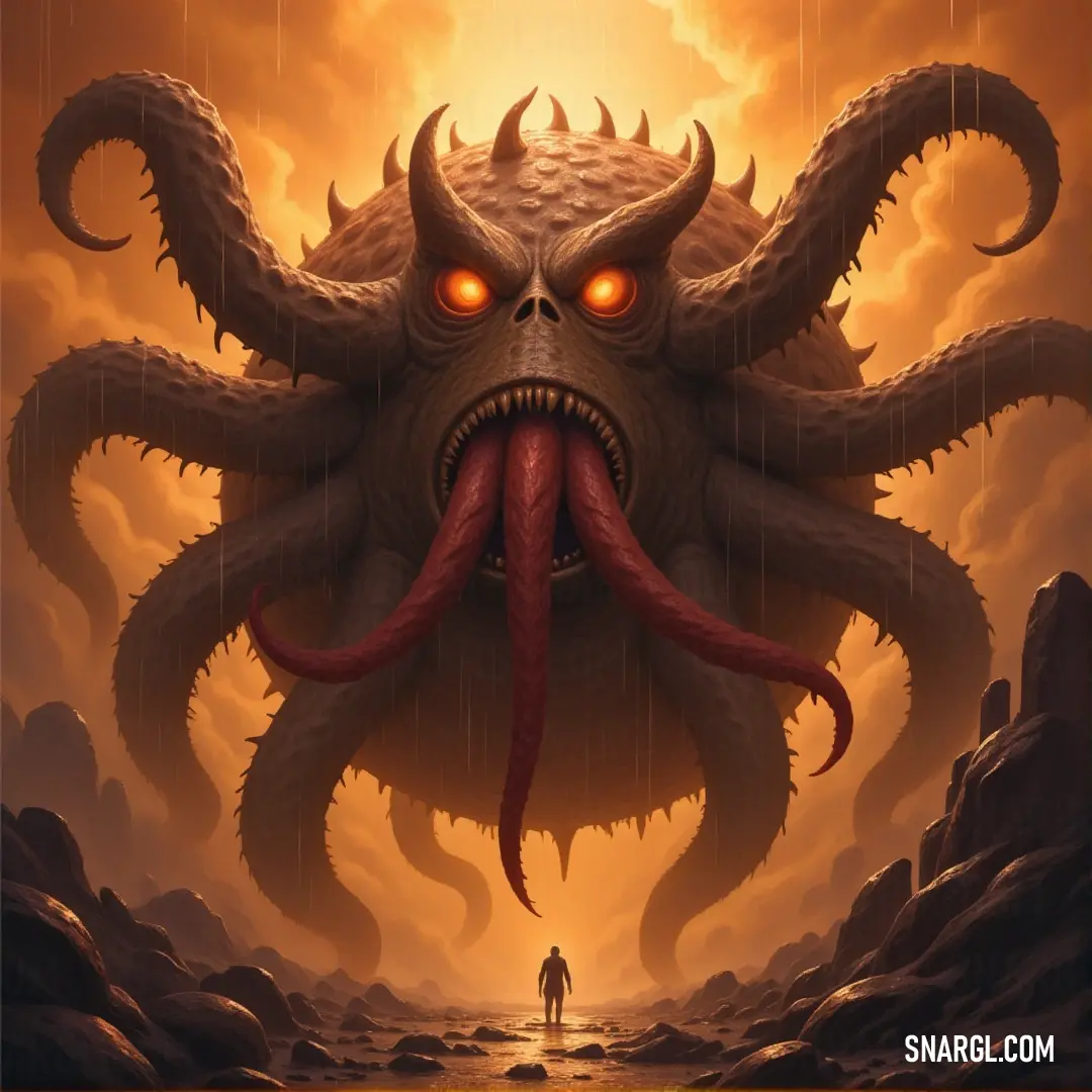 A giant octopus in the foreground, with a spectator standing in the background, as the creature's vast form dominates the scene. A giant octopus, its tentacles stretching far, looms in the distance while a solitary observer stands in the background, caught in awe by the creature's immense size and the natural surroundings that amplify the creature's otherworldly presence.