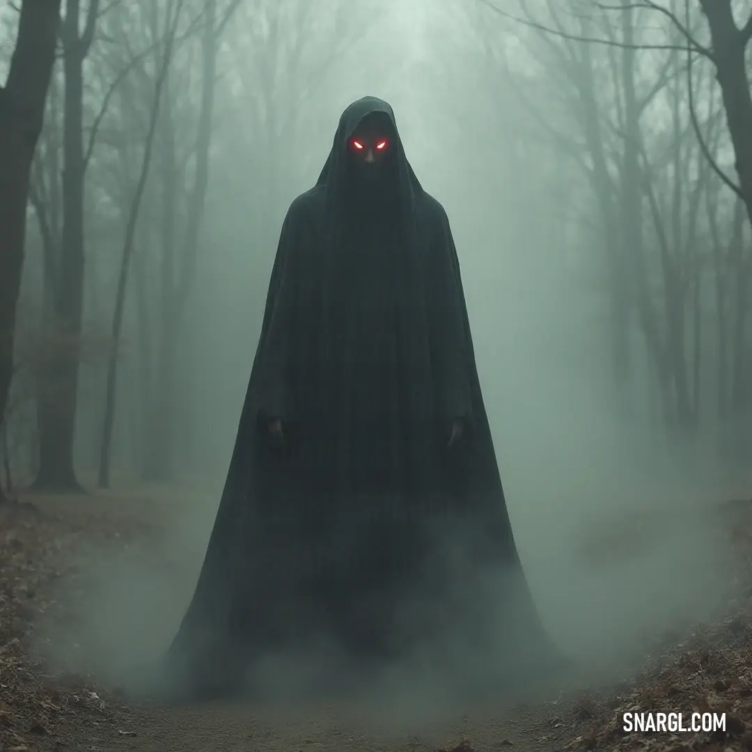The specter, draped in a flowing cloak, stands sentinel in a fog-laden forest, his piercing eyes a beacon of eerie stillness among ancient trees and whispering leaves. A spectral figure, with glowing red eyes, stands in a haunting forest, shrouded in mist, while gnarled trees loom in the background, a testament to forgotten realms hidden in fog.