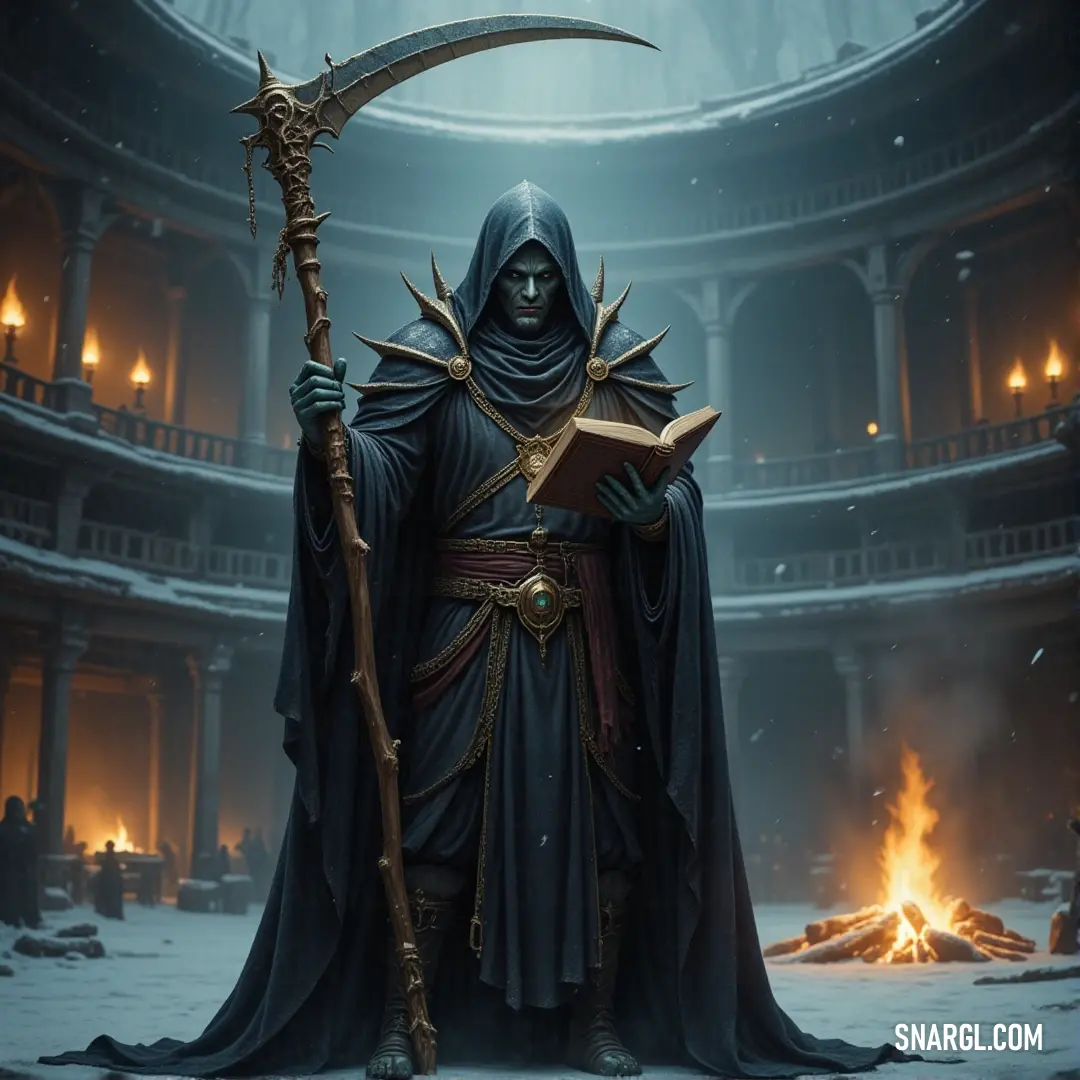 The Specter King in a black robe, holding a book and a knife, stands in a shadowy, ominous room of dark power. The Specter King, cloaked in black, stands in a dimly lit room, holding an ancient book in one hand and a large knife in the other. Shadows dance across the walls, giving the room an unsettling atmosphere filled with dark magic.
