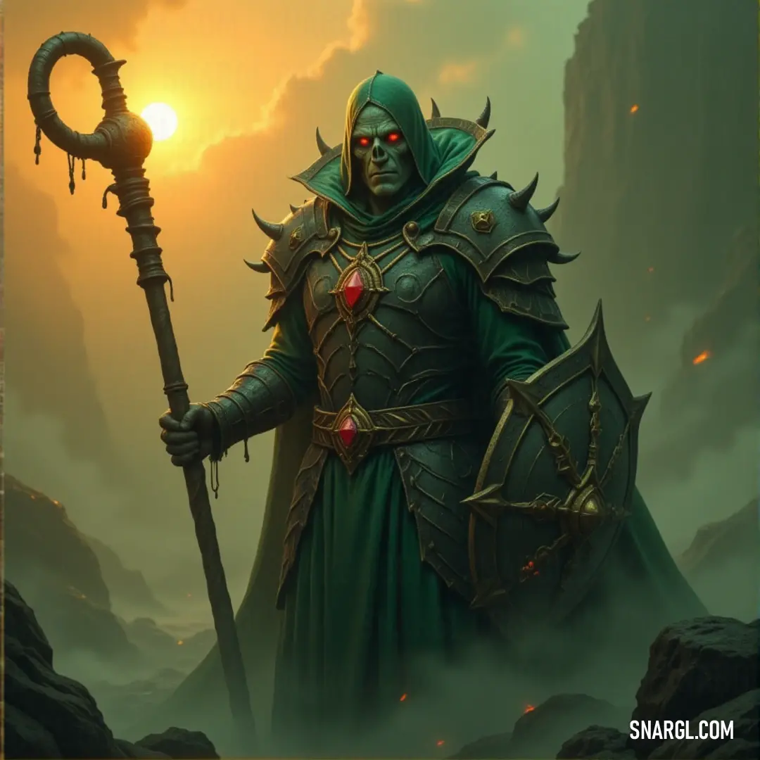 A painting of the Specter King in a green robe, holding a staff and a glowing light bulb, commanding both light and shadow. A haunting painting of the Specter King, dressed in a green robe, holding a staff in one hand and a glowing light bulb in the other. The image evokes an eerie sense of mysticism, as if the King controls both light and shadow.
