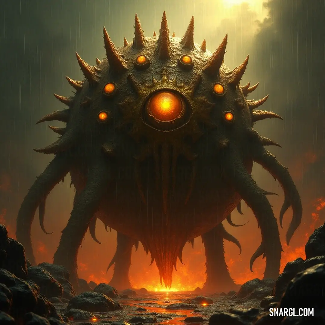 The formidable Giant Spectral Eye Lord with sharp spikes on its head surrounded by shadows in a cave, with brilliant light emanating from its piercing eyes. Behold the imposing Giant Spectral Eye Lord, adorned with fierce spikes atop its head, standing steadfast in a cave as an otherworldly light radiates from its intense eyes, illuminating the shadowy surroundings.