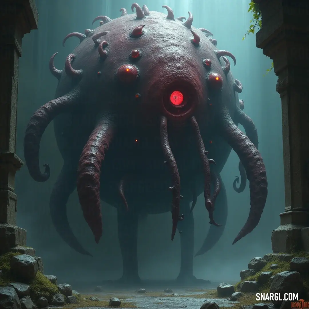 A captivating Giant Spectral Eye Lord with shining eyes and flowing tentacles in a shadowy cave adorned with rocks and reflective water. A mesmerizing Giant Spectral Eye Lord with radiant glowing eyes and sinuous tentacles emerges from a dark cave, surrounded by jagged rocks and glistening water, casting an eerie glow in the dimness.