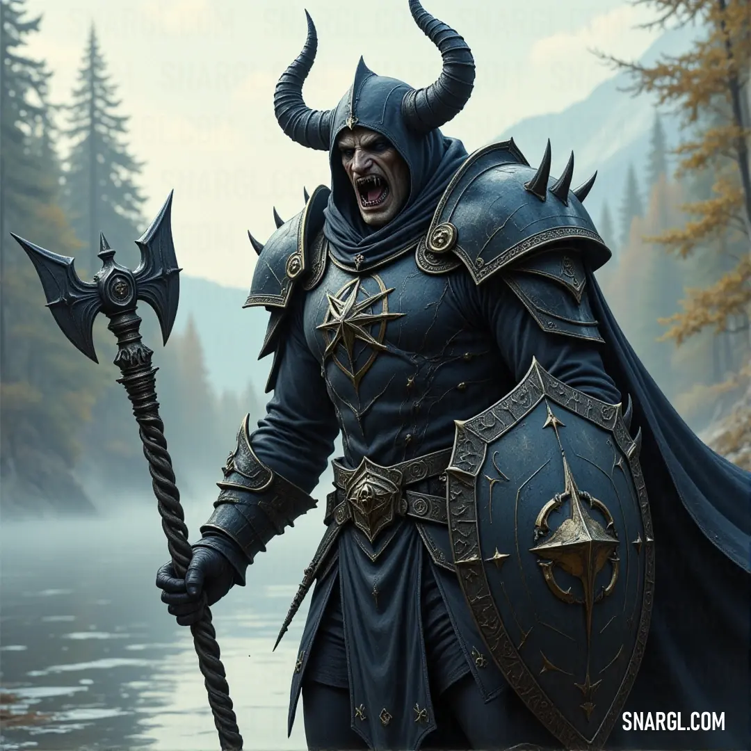 A horned spectral mage, armored for battle, stands with sword and shield in hand. His imposing presence and gaze demand respect and fear, as the shadows of his world swirl around him. A spectral mage in full battle armor stands fiercely with sword and shield, his horned helmet casting a menacing shadow over his face. His intense gaze meets the viewer, challenging anyone who dares to cross his path.