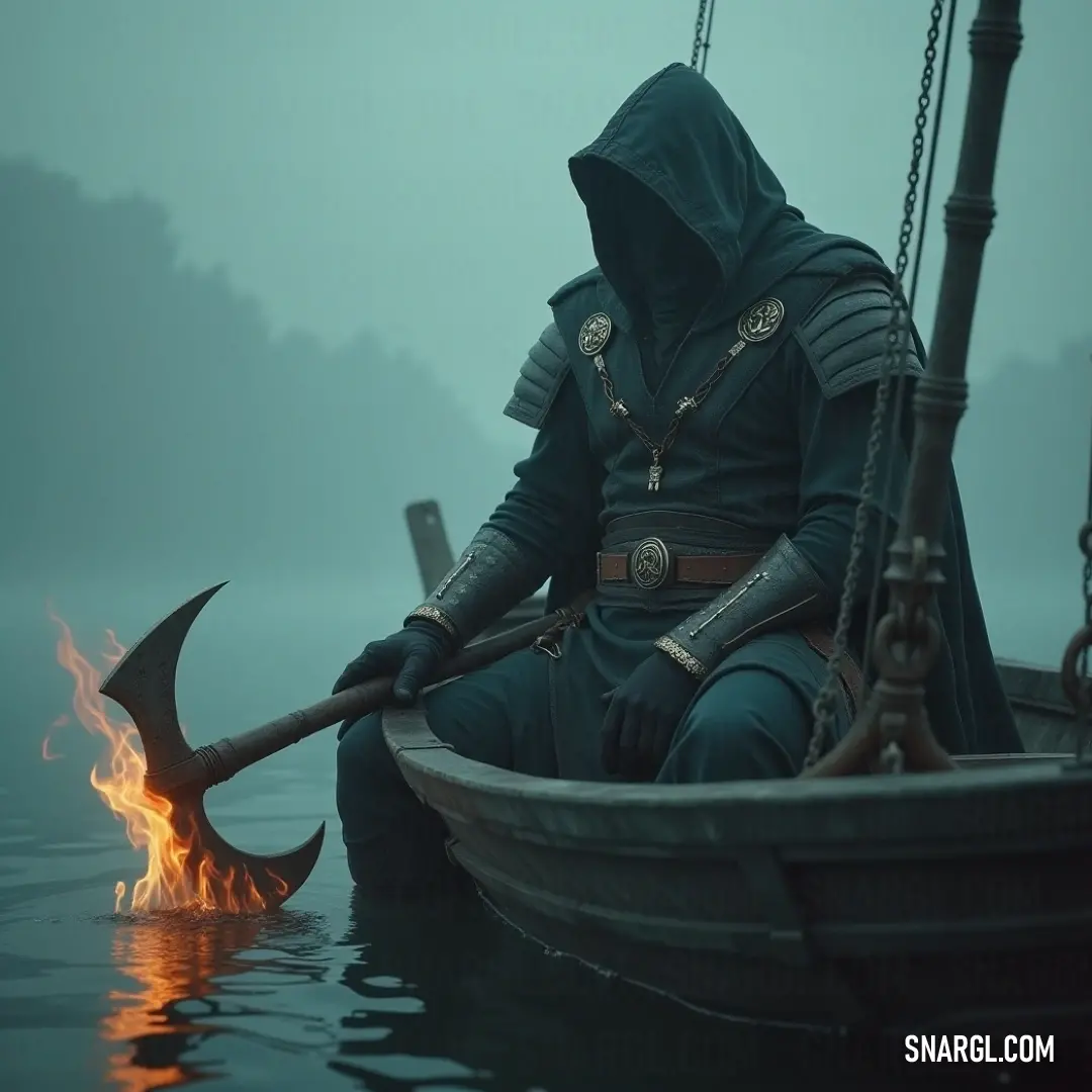 A mysterious Spectral Mage in a hooded jacket embarks on a spectral journey across glowing waters, a long sword in hand, surrounded by dancing flames illuminating the dark waters as secrets unfold in the night. In a boat marked by flickering flames, a hooded Spectral Mage grips a long sword, navigating eerie waters illuminated by fire's glow, surrounded by an atmosphere rich in ancient secrets and enchanted tales, drifting through timeless realms.