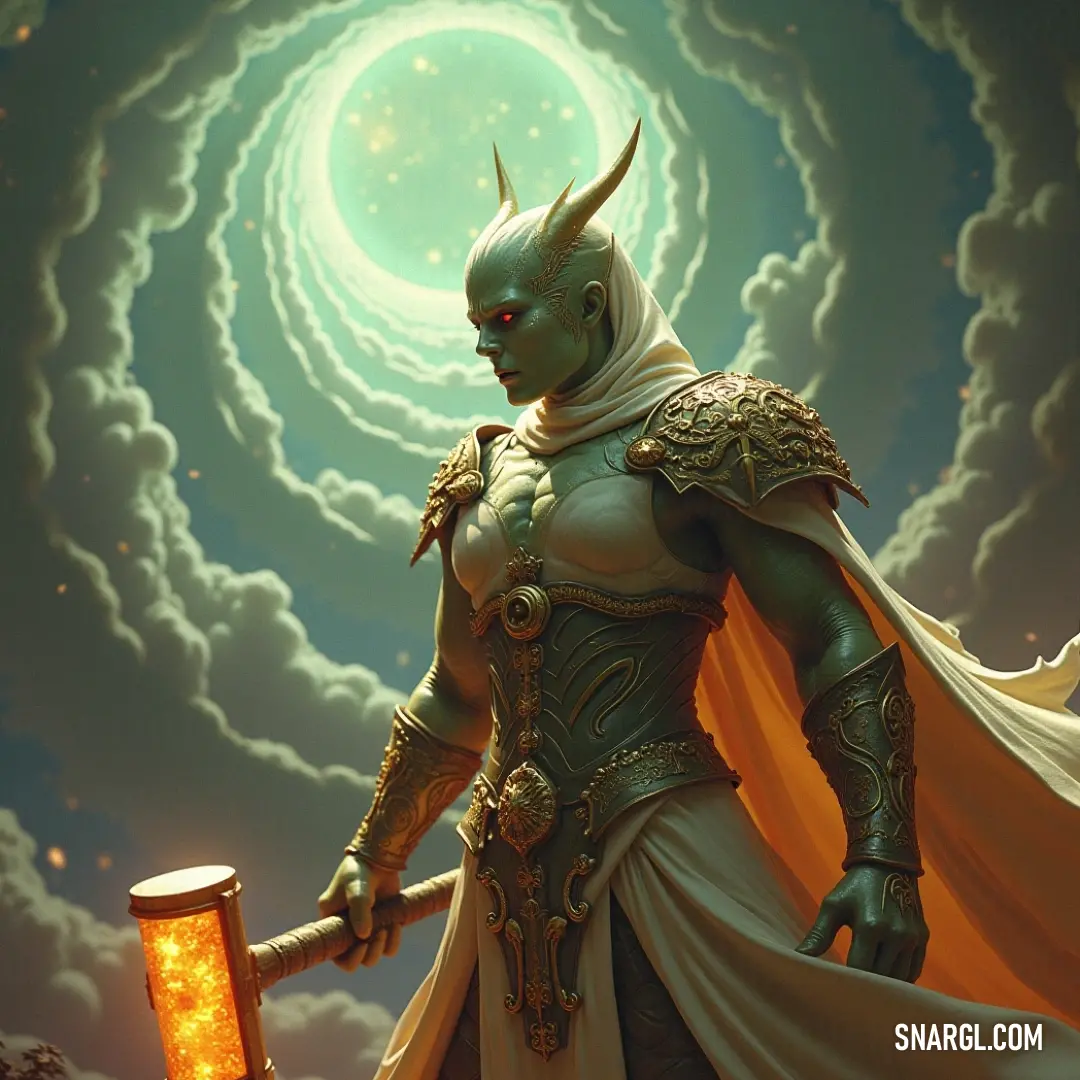 An enchanting painting depicts a Spectral Mage, clad in gleaming armor, holding a sword aloft and a lantern in the other hand, standing against a celestial sky alive with swirling colors, embodying wisdom and power.