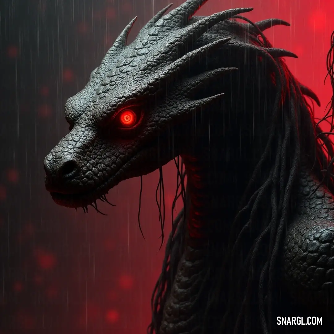 A spectral serpent emerges from the rain, with long flowing hair and captivating red eyes that evoke a sense of mystery. A mystical spectral serpent with fiery red eyes and cascading hair stands resilient in the pouring rain, surrounded by a backdrop blurred with droplets, exuding an aura of otherworldly beauty and sadness.