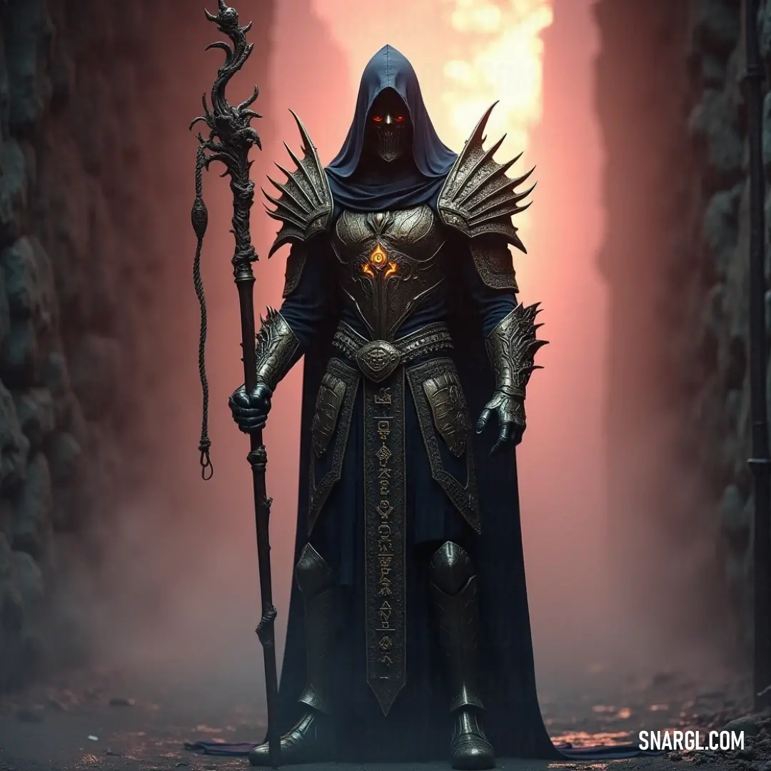 The Spectral Shadow in a black hooded suit, holding a staff and sword in a foggy cave with light streaming from behind. In the shadows of a dark cave, the Spectral Shadow stands, cloaked in black, holding a staff and sword. A fog drifts through the air, illuminated by a distant sun, casting eerie light on the figure’s silhouette.