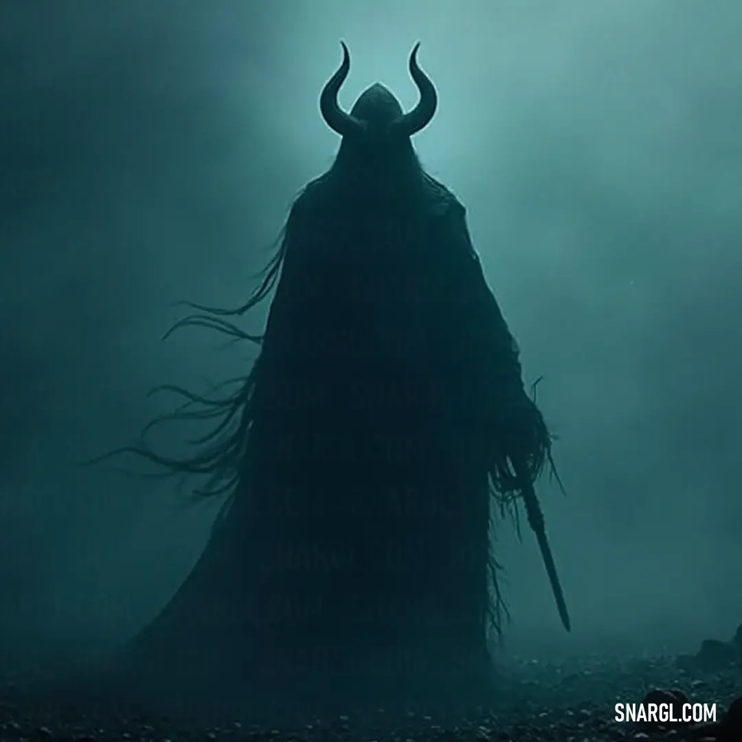 Spectral Shadow: a dark figure with a sword and demon amidst the fog's embrace. A formidable Spectral Shadow dons a long coat, a sword in hand, as mist swirls around, with a demonic companion perched upon his head.