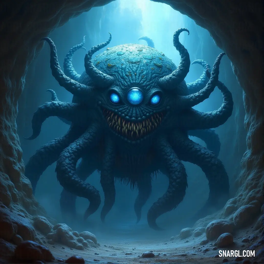 The eerie glow of a giant octopus’ eyes stands out in a dark cave, its creepy face illuminated by an otherworldly light, creating an atmosphere of mystery and dread. A giant octopus with glowing eyes and a sinister, unsettling expression lurks within a cave. Its presence is amplified by the eerie light that shines directly on its head, casting ominous shadows across the cave’s walls.