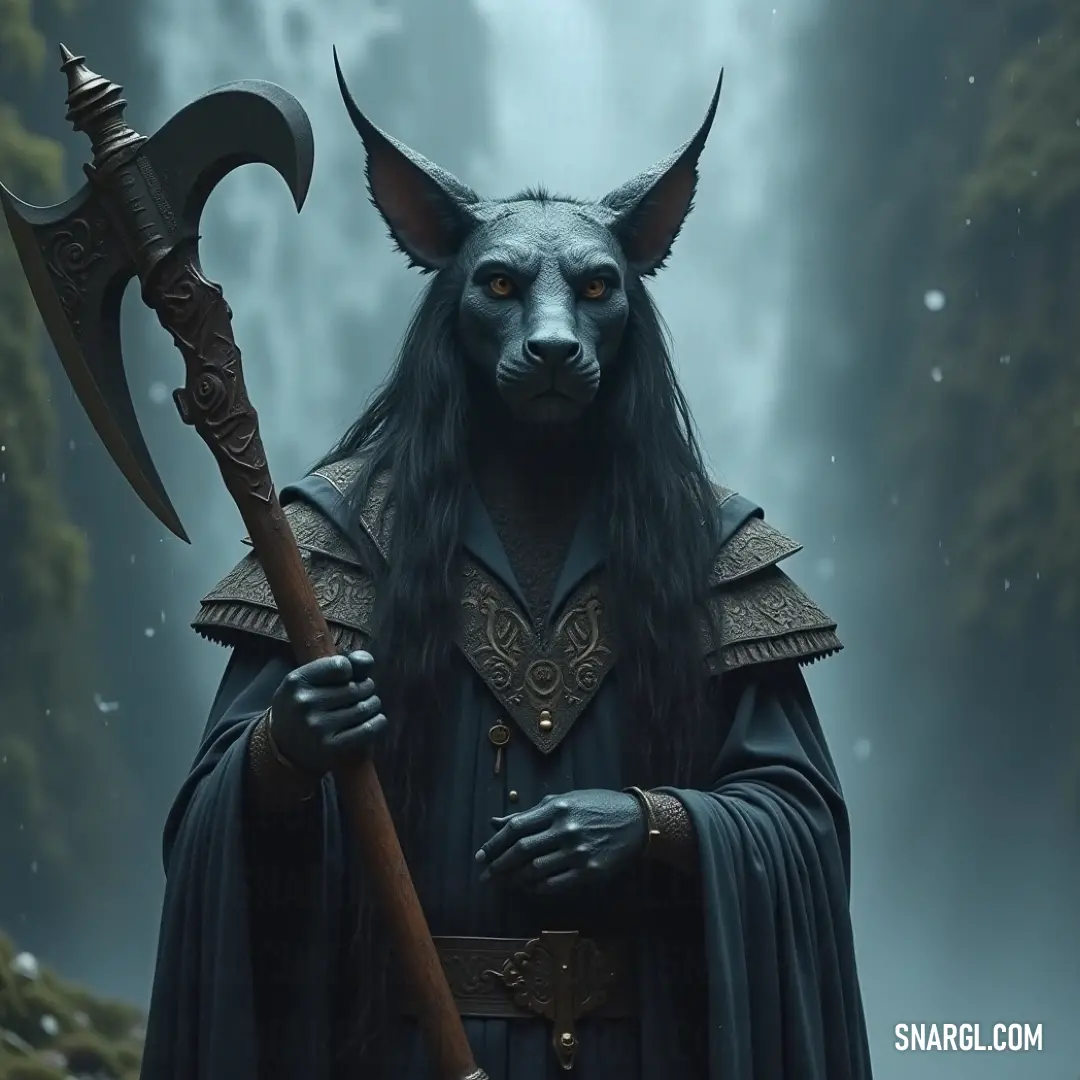 A fierce Wolf Sphinx Ambassador, draped in black with a towering axe, stands defiantly before a roaring waterfall, blending majesty and danger in a single frame. A powerful Wolf Sphinx Ambassador, with sleek black hair and a dark mask, stands fiercely holding a massive axe, set against the backdrop of a thundering waterfall, exuding strength and mystery in a moment of calm before battle.