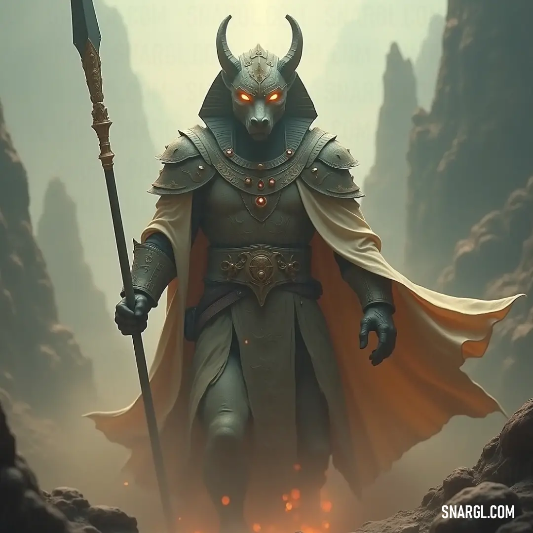 A sphinx, adorned with horns and holding a staff, exudes an air of ancient power and enigma. A mystical sphinx, draped in a horned costume, stands with commanding grace. In one hand, a staff of power is held high, its presence a symbol of strength and mystery.