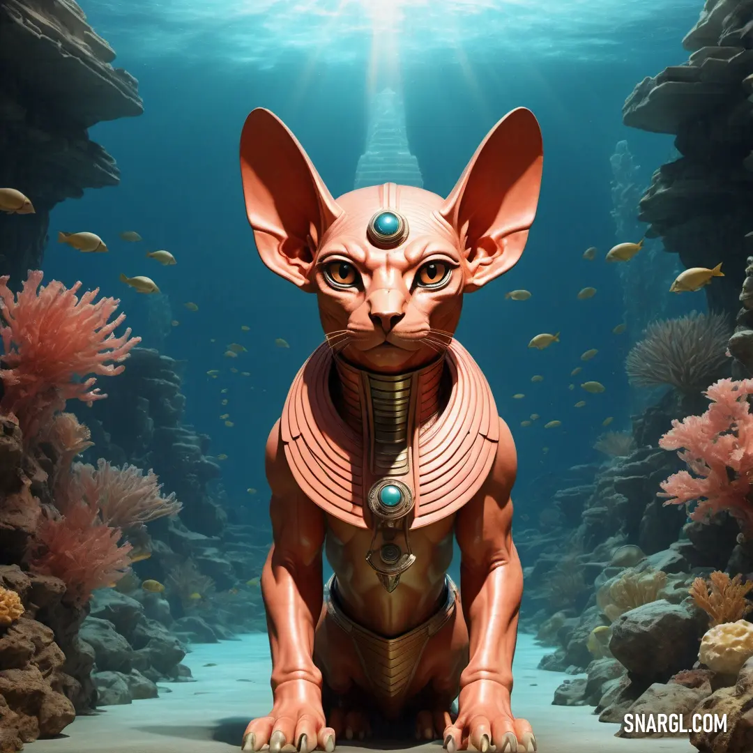 Sphinx statue on top of a sandy beach under water with corals and fish around it