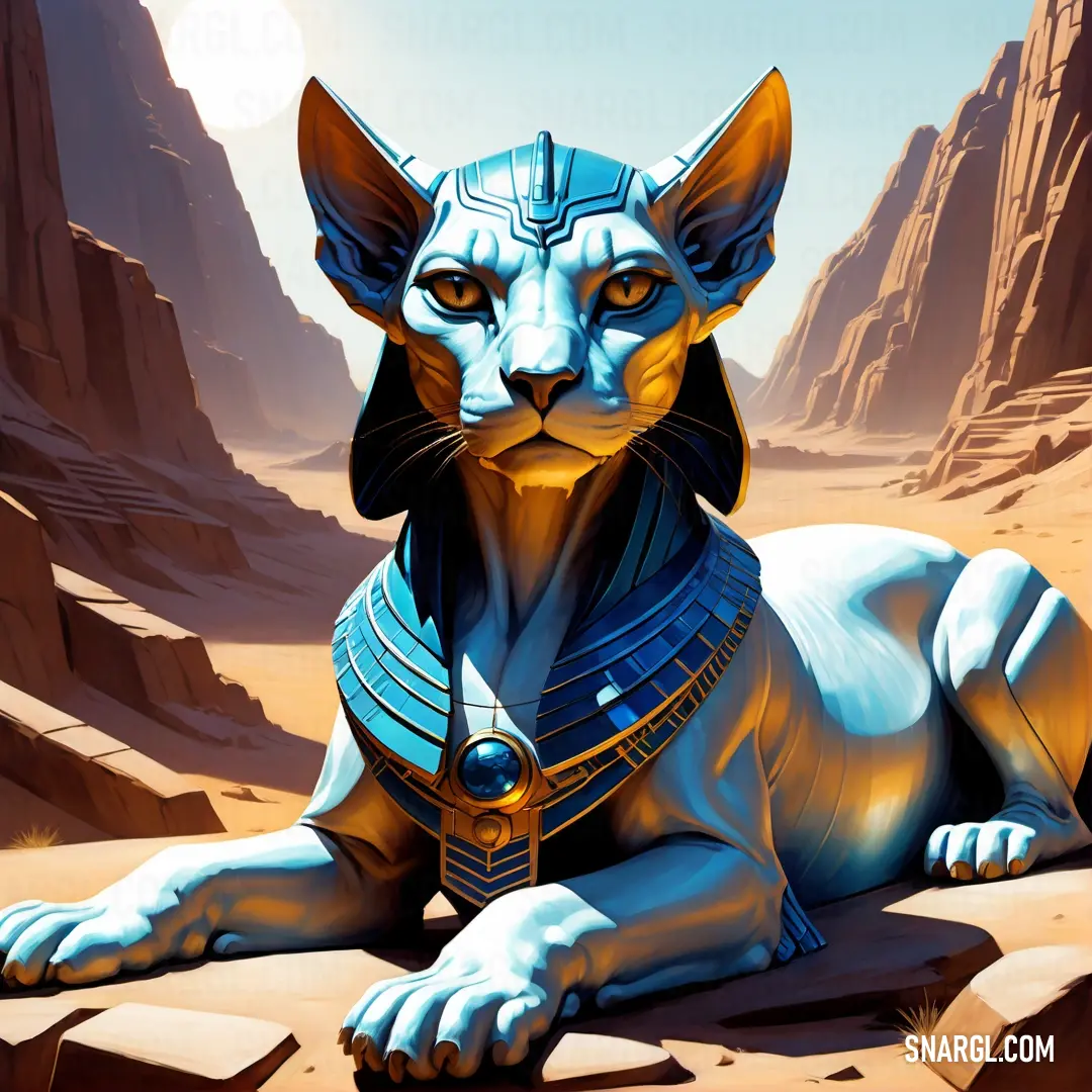 Sphinx with a armor on in the desert with a mountain in the background and a sun in the sky