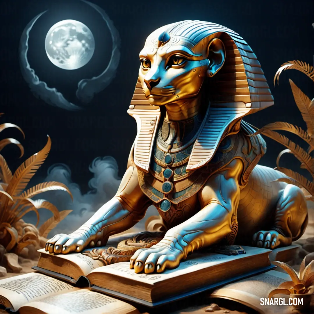 Egyptian statue of Sphinx on a book with a full moon in the background and a book open to reveal a story