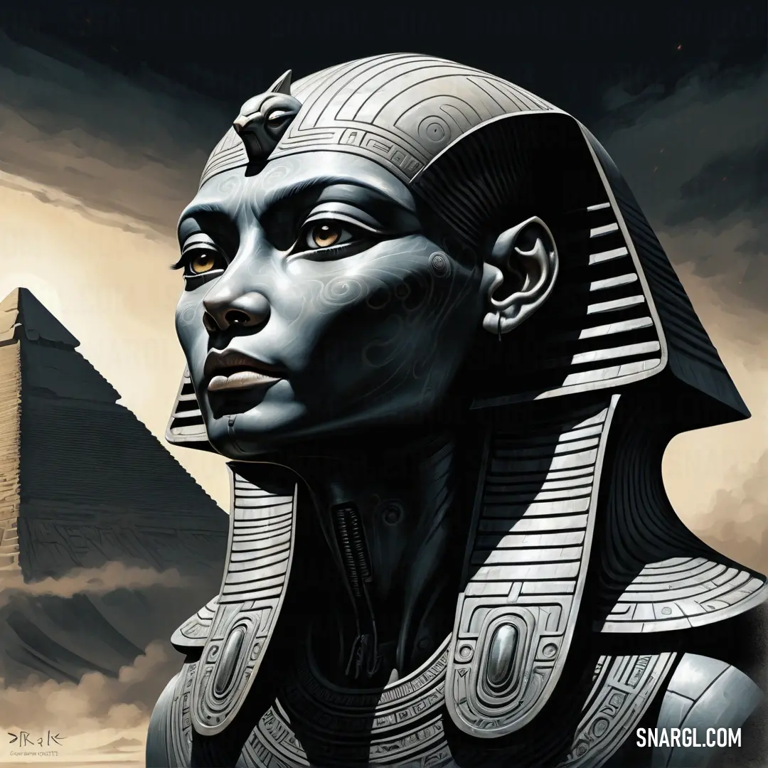 Painting of a female Sphinx with a pyramid in the background and clouds in the sky behind her