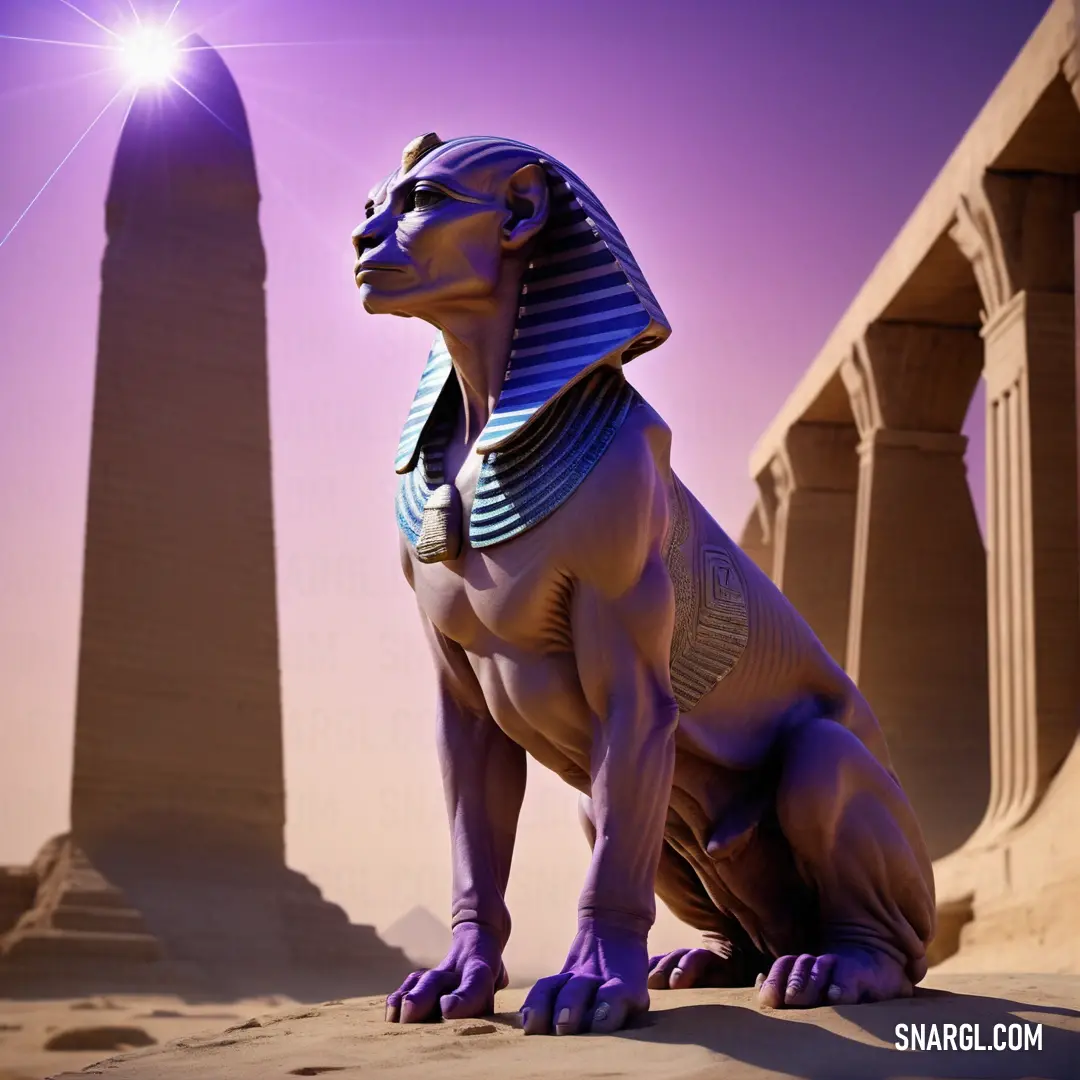 Statue of a sphinx next to a tall building with a light shining on it's face