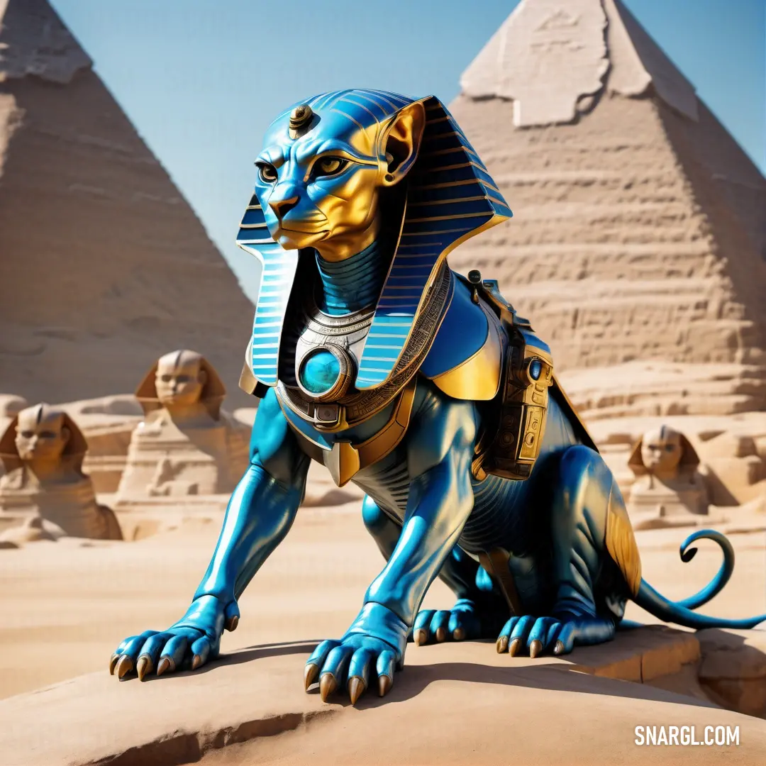 Statue of an egyptian sphinx dog in front of the pyramids of giza, egypt