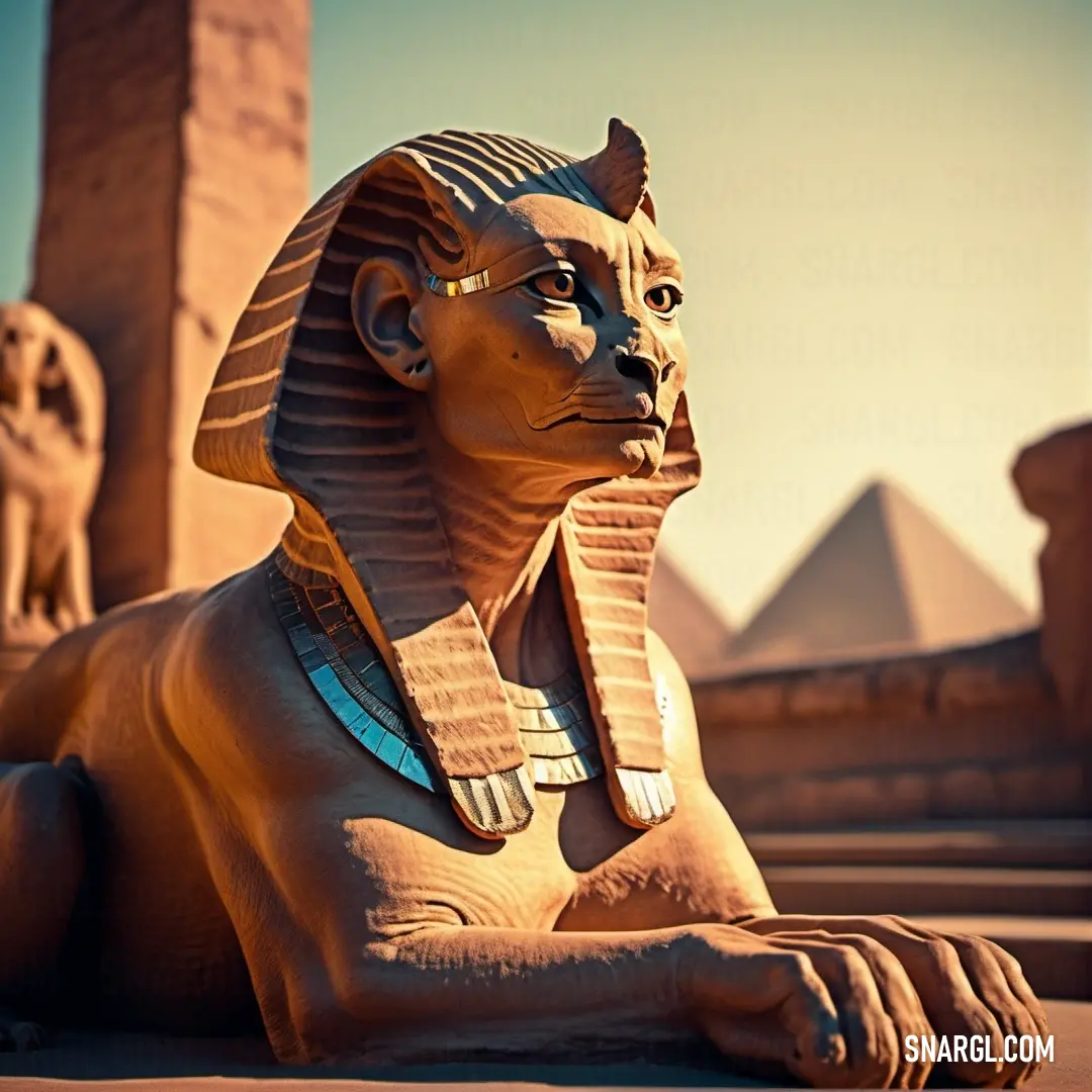 Statue of an egyptian sphinx in front of a pyramid in egypt, with a blue sky in the background