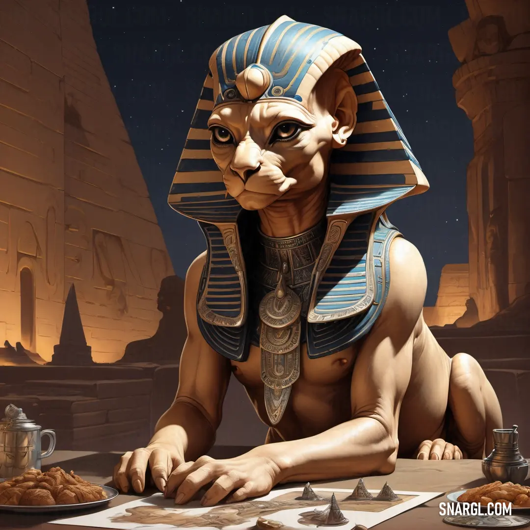 Stylized image of a sphinx at a table with a plate of food in front of it and a cup of tea