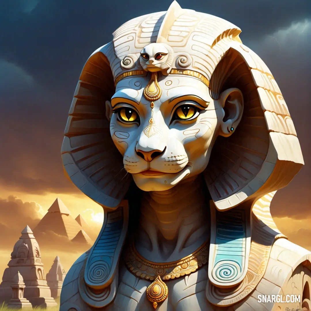 Stylized image of an egyptian sphinx statue with a sunset in the background