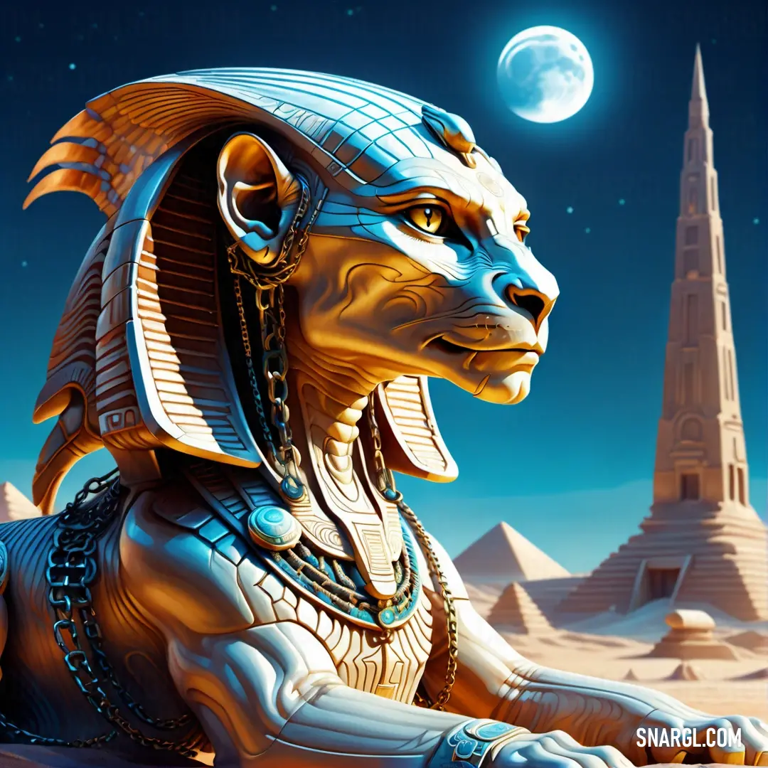 Stylized image of an egyptian sphinx in front of a moonlit sky and a pyramid in the background