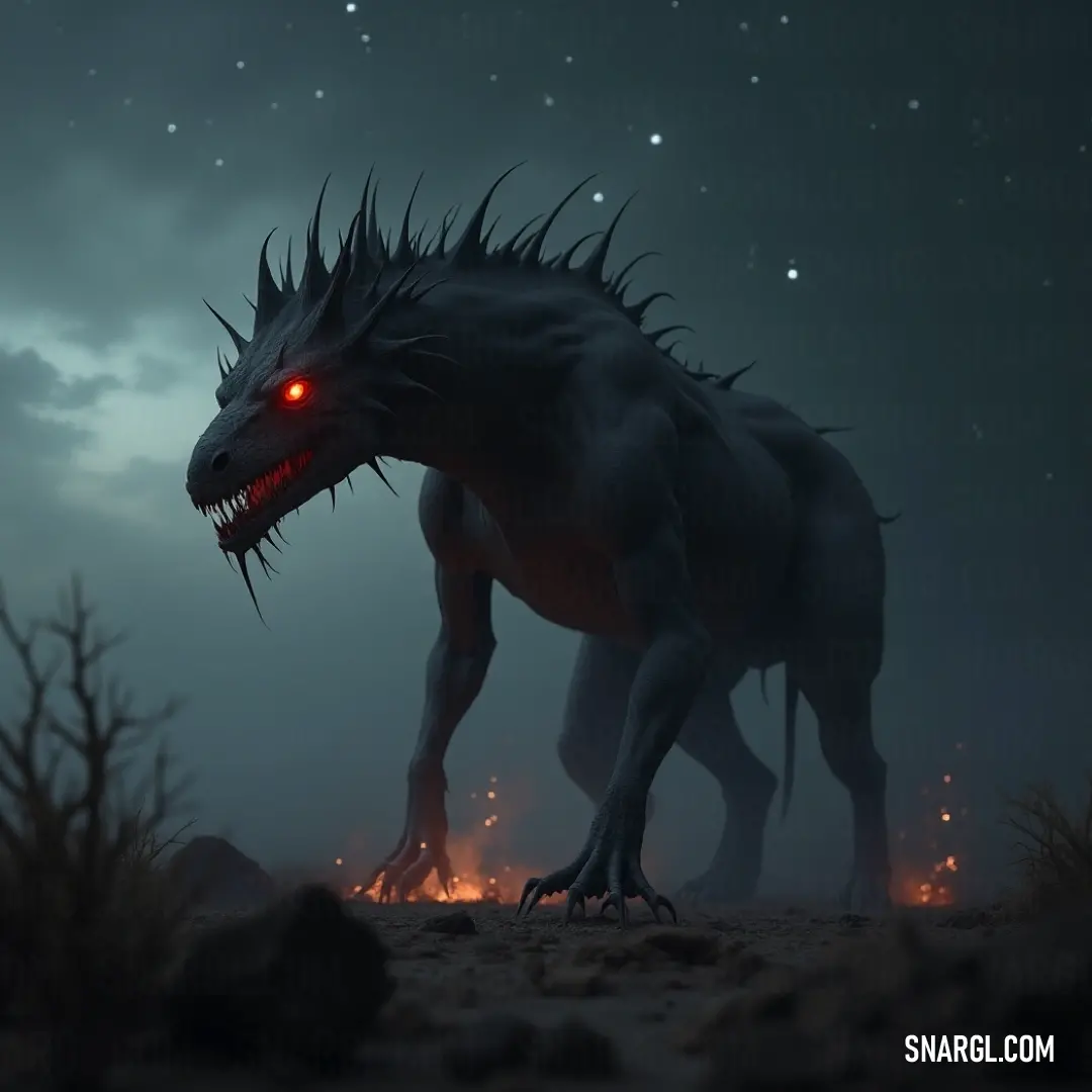 Powerful Large Spiked Chupacabra with luminous eyes amidst the dramatic expanse of the desert. Under the vast desert sky, a Large Spiked Chupacabra with brilliant glowing eyes and jagged teeth stands alert, exuding an aura of raw power and survival against the backdrop of endless sands and rugged landscapes.