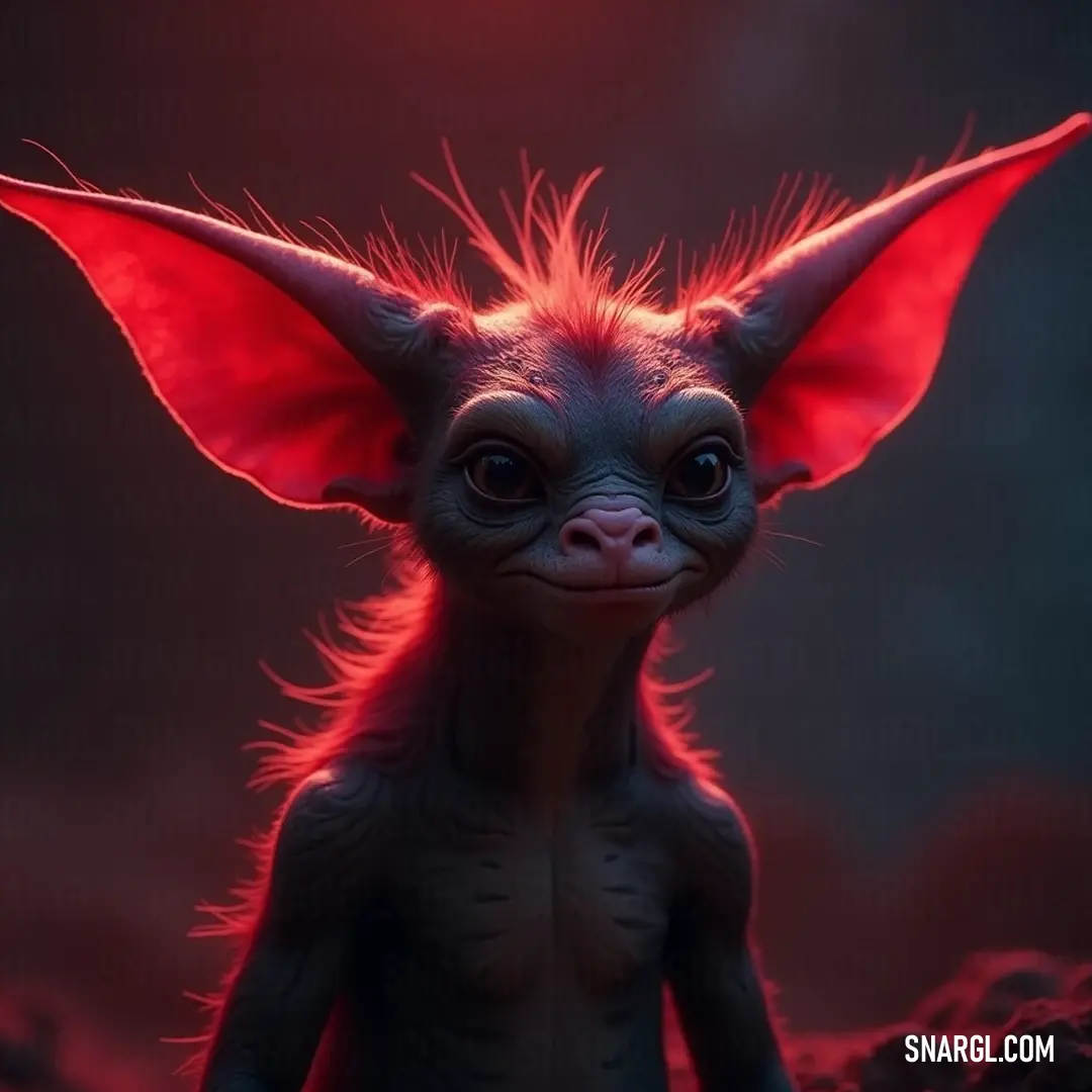 A captivating portrayal of a small Spindle with striking red hair, illuminated by a soft red light that enriches the underlying mystery of the setting. In a dimly lit room, a small Spindle stands with red hair and oversized ears, its face bathed in an ethereal red glow that creates a captivating yet eerie atmosphere, drawing viewers in with its mysterious allure.
