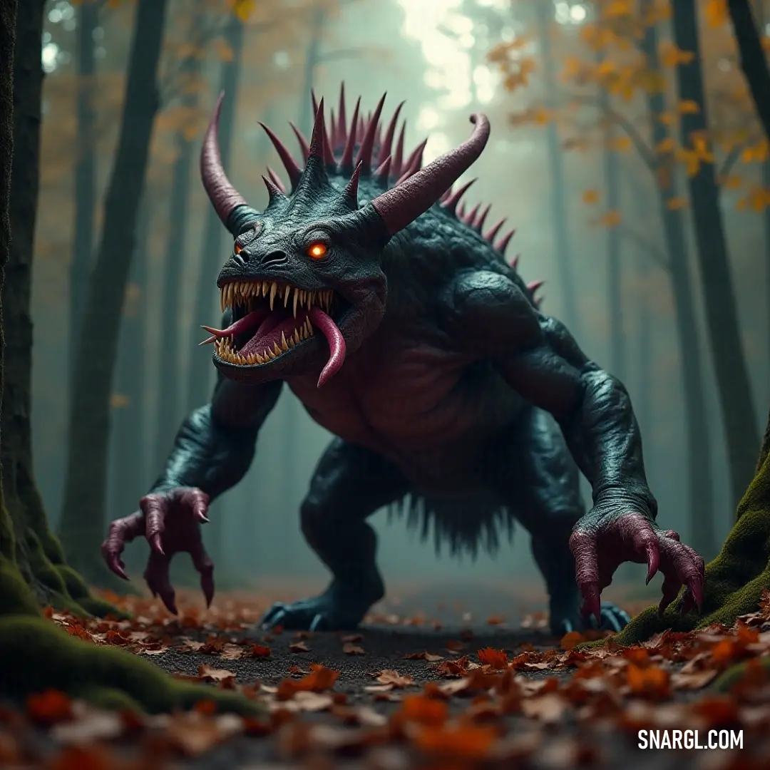 The Spineback Beast, a monstrous entity with giant horns and sharp teeth, stalks through a forest where leaves blanket the ground, casting an aura of fear and power in the peaceful yet dangerous woodland. The Spineback Beast, a formidable creature with massive horns and razor-sharp teeth, prowls through a forest with fallen leaves scattered around, its intimidating presence creating an air of danger in the tranquil woodland.