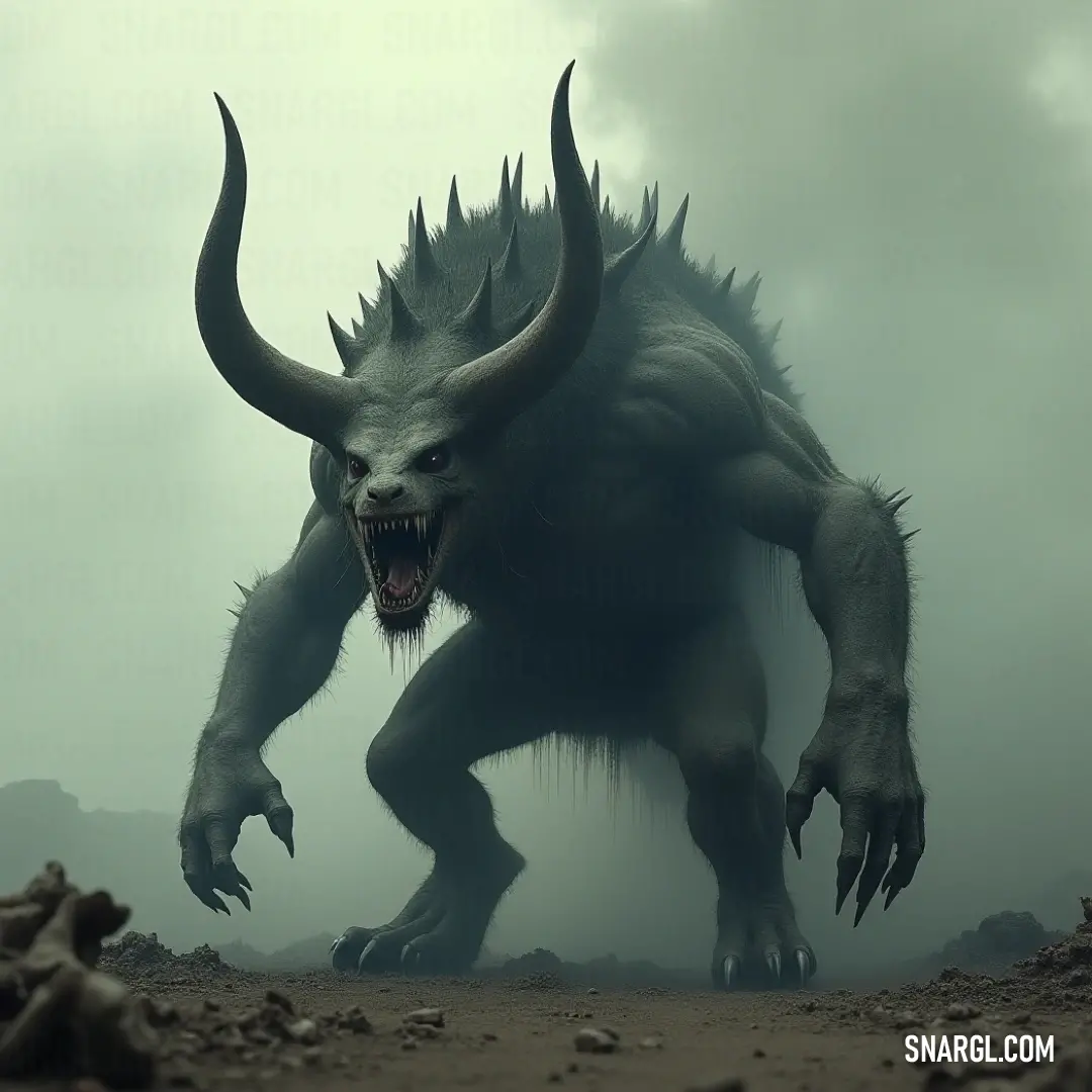 A Spineback Chupacabra with menacing horns and sharp teeth stands in a fog-shrouded, rocky area. The fog adds a sense of mystery, as the creature watches over the desolate terrain. A fierce Spineback Chupacabra with long, jagged horns and sharp teeth stands in a foggy, rocky terrain. The fog wraps around the creature, enhancing its terrifying and ominous look as it surveys the barren, desolate landscape.