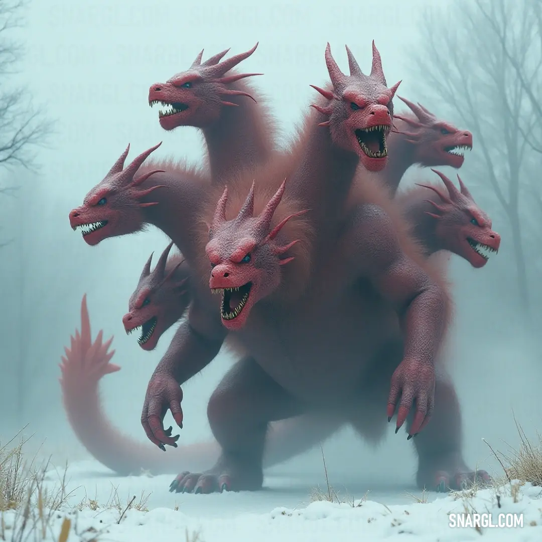 In a stark winter landscape, a fierce assembly of red monsters roars defiantly, their open mouths and jagged teeth contrasting sharply with the serene snow beneath. A menacing group of red monsters stands defiantly in the snow, jaws agape and teeth bared, creating a striking contrast against the soft white blanket of winter.