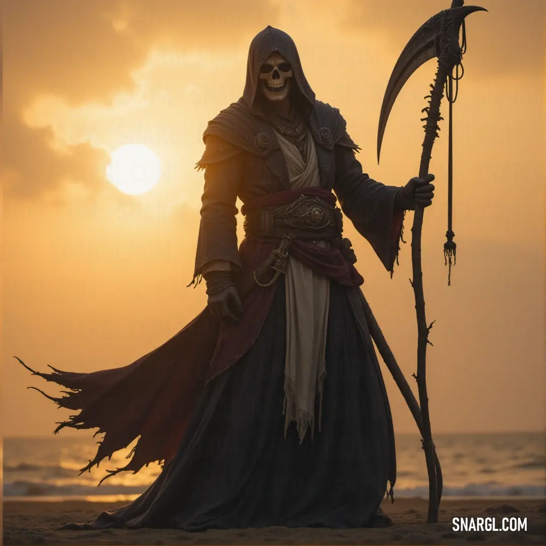 The Spirit of Death, dressed in ancient robes, holds an intricate sceptacle and sceptacle stick on a quiet beach. The calm waves seem indifferent to the ghostly figure's eternal role in the world. A spectral figure draped in flowing robes holds a sceptacle in one hand and a sceptacle stick in the other, standing on a serene beach. The figure’s ghostly presence contrasts with the peaceful surroundings, as the ocean gently rolls in.