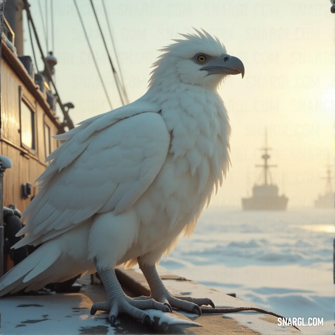 A white bird, Spiritfeather, stands proudly on the edge of a boat, with the warm glow of the sky and a distant ship sailing across the ocean's peaceful waters at dawn or sunset. A majestic white bird, Spiritfeather, stands on the side of a boat as it sails across the ocean. The golden hues of either sunset or dawn reflect off the calm water, with a distant ship floating gracefully in the background.