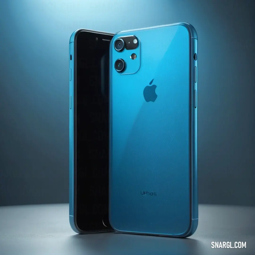 Blue iphone is next to a black iphone in a studio setting with a light behind it. Example of #0FC0FC color.