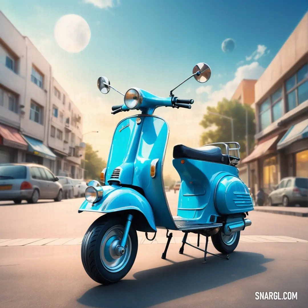 Blue scooter is parked on the street in front of a building. Color RGB 15,192,252.
