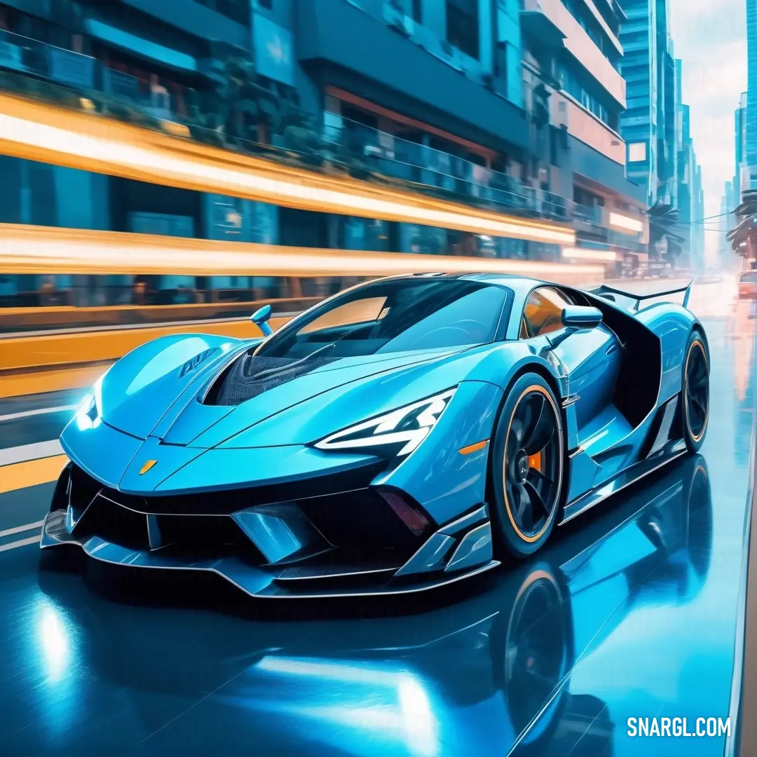 Blue sports car driving down a city street in front of tall buildings with a bright yellow streak of light. Example of RGB 15,192,252 color.