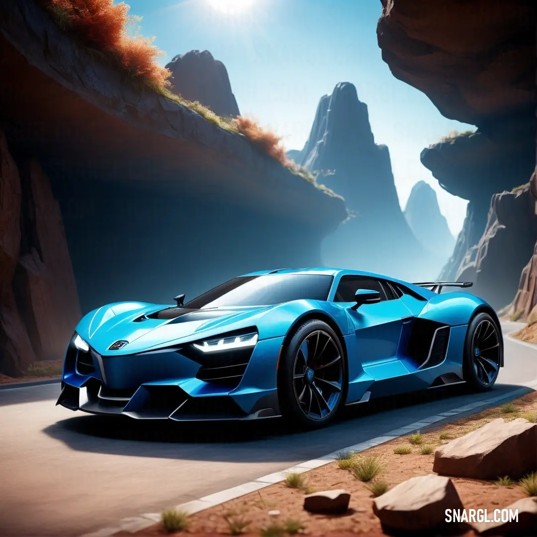 Spiro Disco Ball color example: Blue sports car driving down a road next to a mountain range in a desert area with rocks and grass