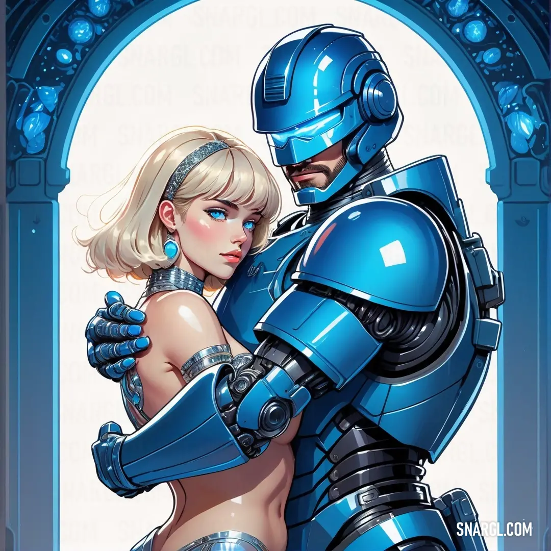 Cartoon of a man and a woman dressed as robot suits hugging each other in front of a doorway. Example of Spiro Disco Ball color.