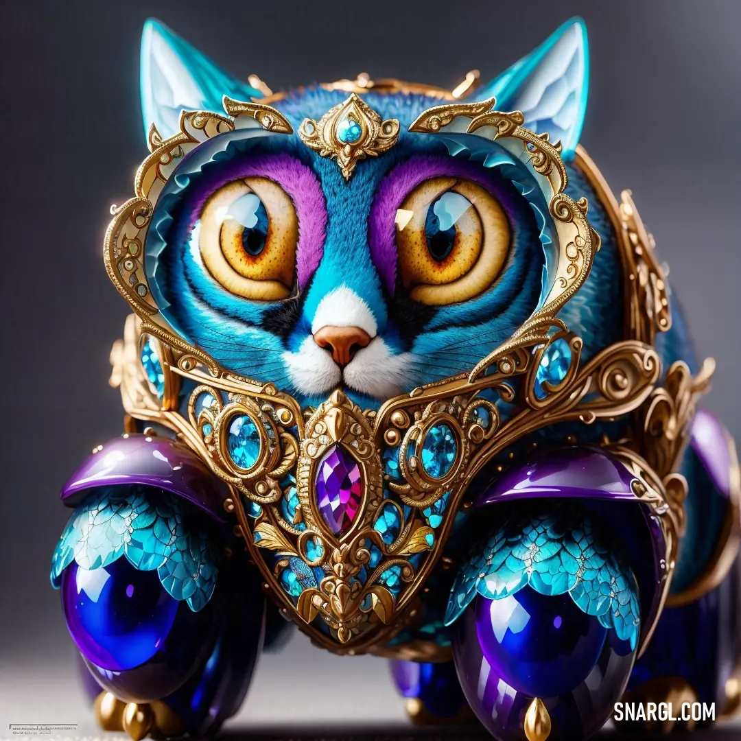 Cat statue with a blue and purple cat on it's back legs and eyes