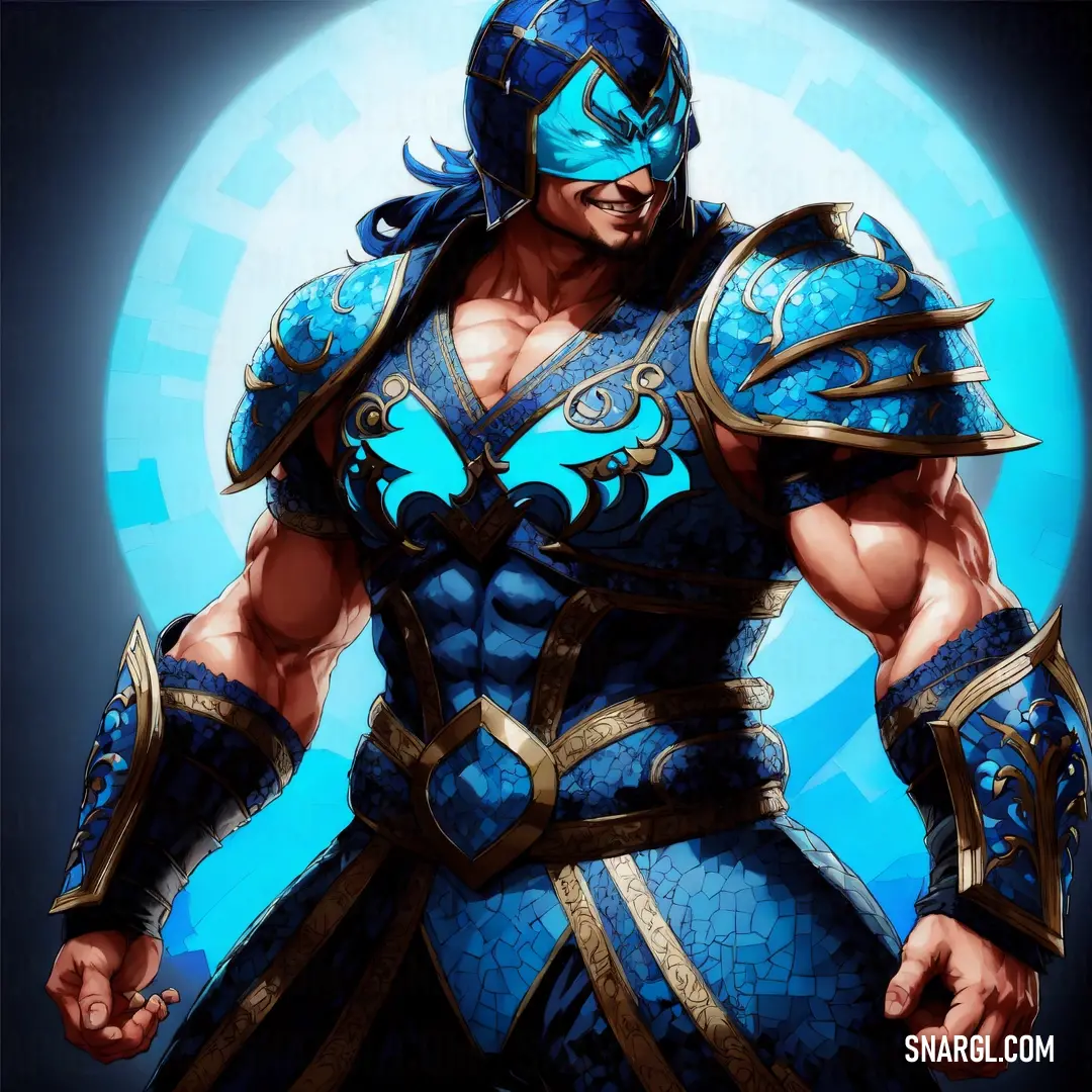 Man in a blue armor with a blue background and a blue circle behind him is a blue circle