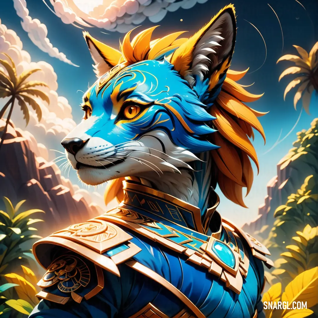 Painting of a blue fox wearing a blue armor and gold hair and a blue sky with clouds and palm trees. Color CMYK 94,24,0,1.