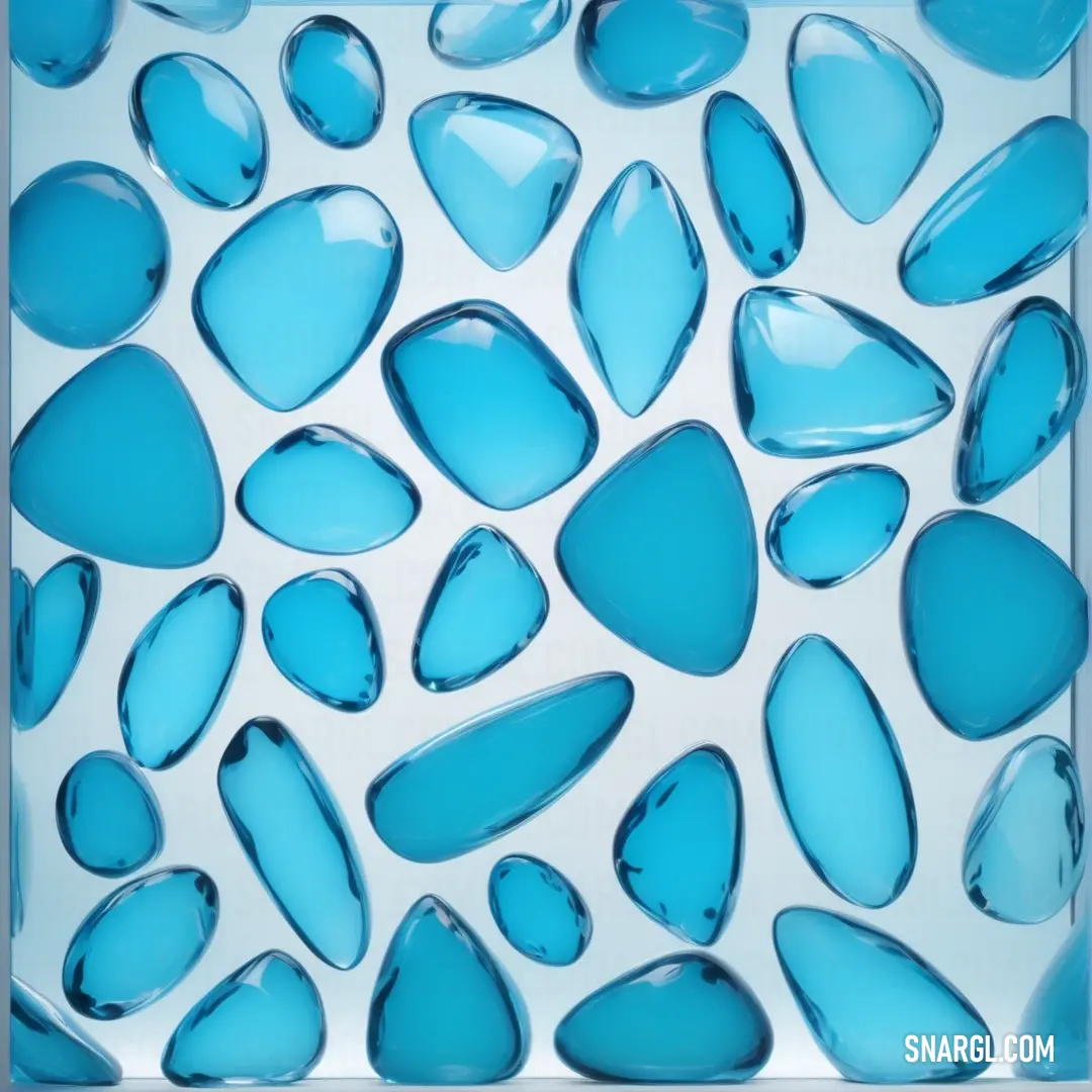 Blue glass tile with drops of water on it's surface, in a square frame, with a white background. Example of Spiro Disco Ball color.