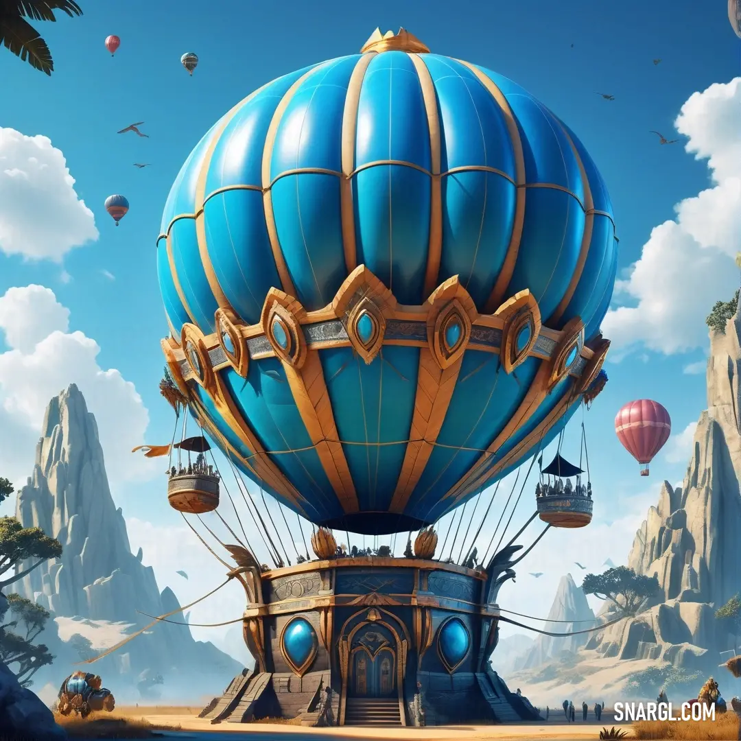 Blue hot air balloon flying over a mountain range in a surreal landscape with mountains and clouds in the background