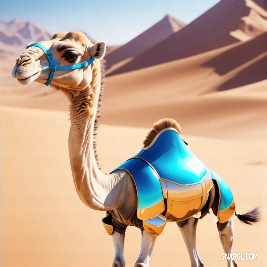 Camel with a saddle on its back in the desert with mountains in the background. Color CMYK 94,24,0,1.