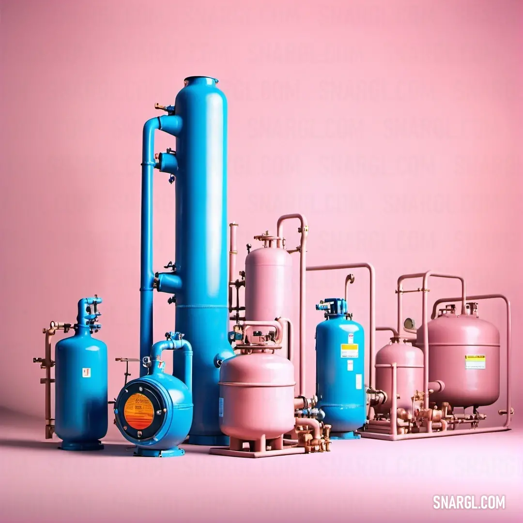 Group of blue pipes and tanks on a pink background. Example of Spiro Disco Ball color.