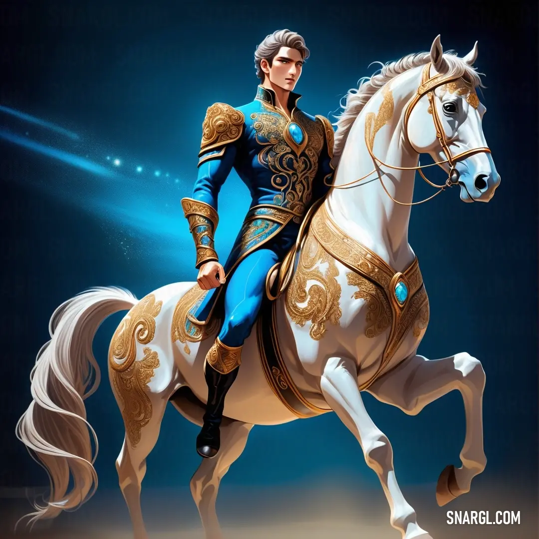 Man in a blue suit riding a white horse with a gold trimming on it's face. Color #0FC0FC.