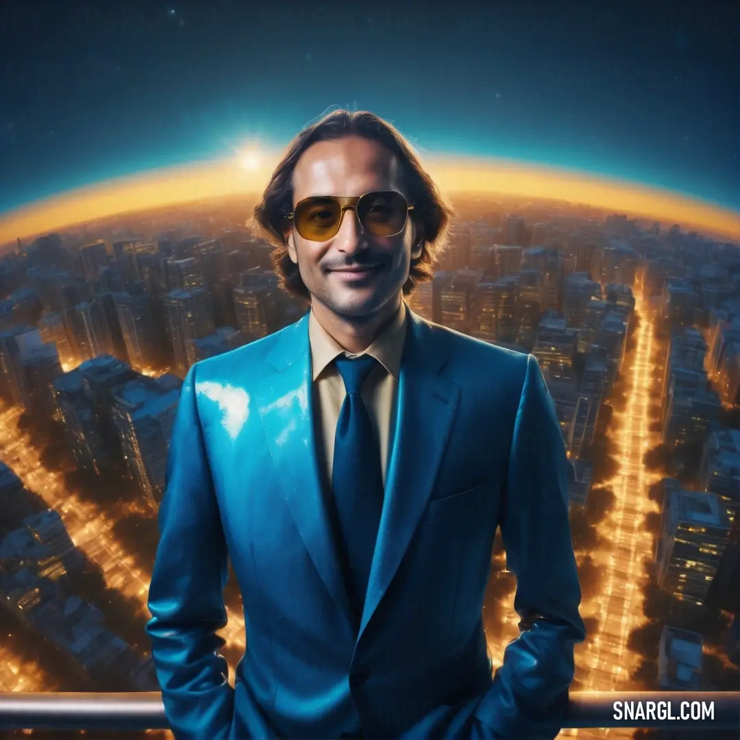 Man in a blue suit and sunglasses standing in front of a cityscape with a sunset in the background. Color CMYK 94,24,0,1.