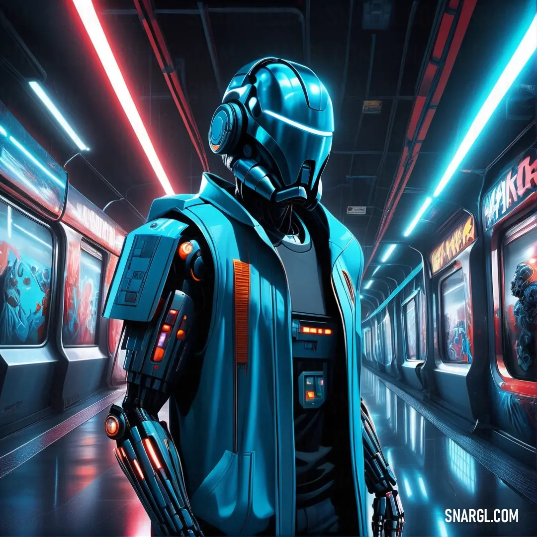 Man in a futuristic suit and helmet standing in a subway station with neon lights. Color #0FC0FC.